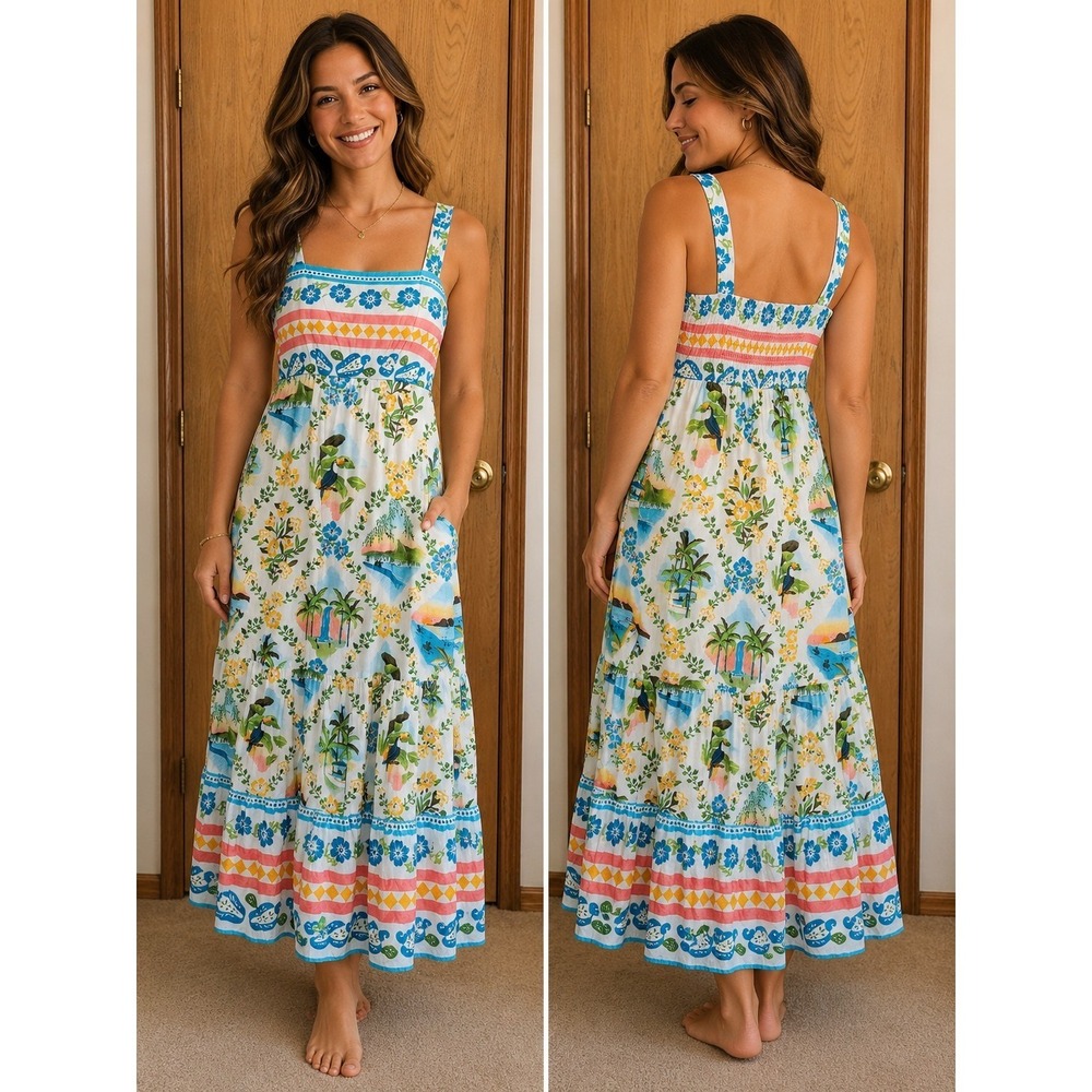 FARM Rio Blue Multicolor Floral Tropical Maxi Dress